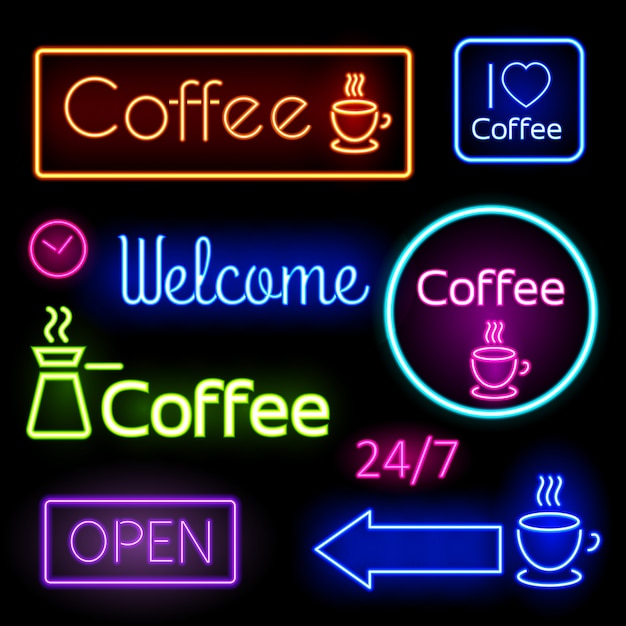 Insegne luminose al neon per te caffè, bar. caffè, aperto, benvenuto. illustrazione vettoriale