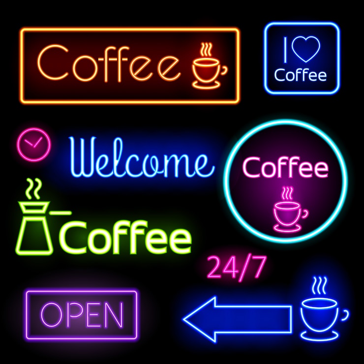 Free Vector bright neon signs  for you cafe, bar. coffee, open, welcome. vector illustration