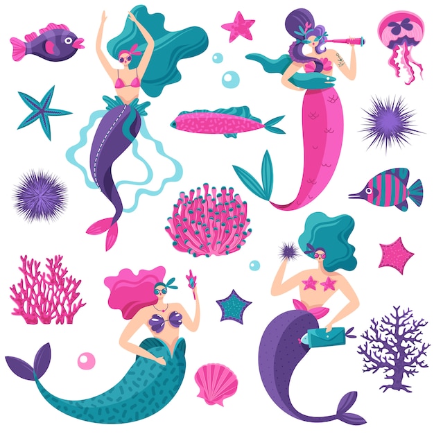 Bright pink petrol violet fantastic sea elements set with mermaids starfish jellyfish fish coral reefs 