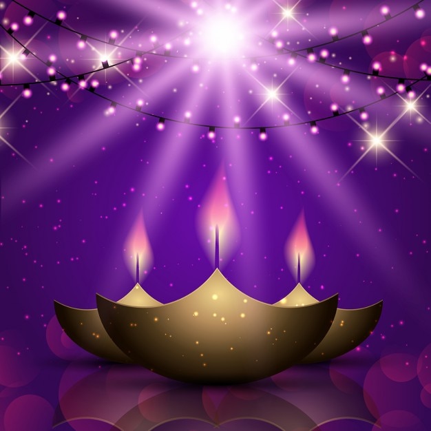 Free vector bright purple background with three candles for diwali