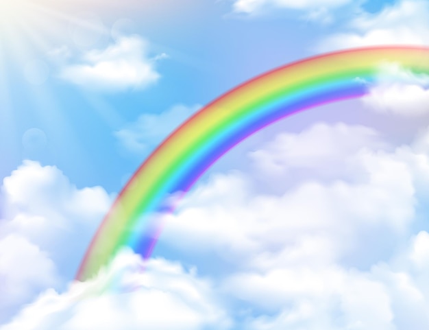 Bright rainbow sun sky and clouds realistic