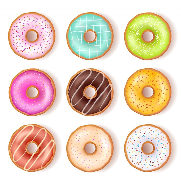 Free vector bright tasty donuts top view set