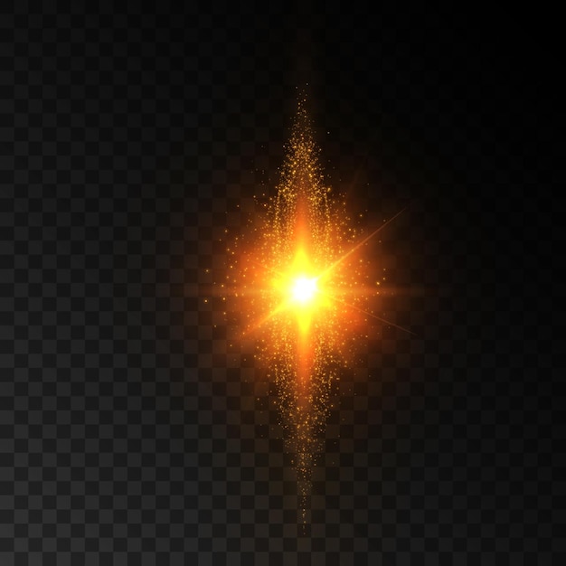 Bright yellow light effect with rays and many small particles for vector illustration