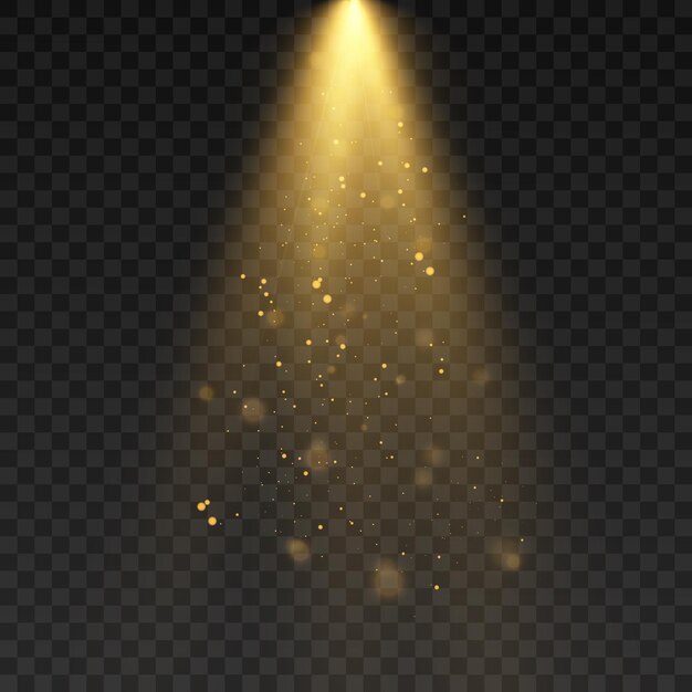Bright yellow spotlight downward with lots of glitter particles and reflections vector