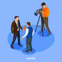 Free vector broadcast telecommunication isometric with shooting crew and man giving interview vector illustration
