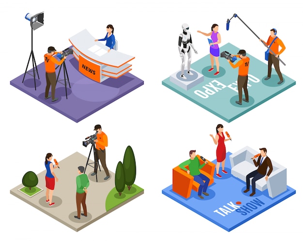 Free vector broadcasting 2x2 design concept set of talk show news expo and street interview isometric compositions vector illustration