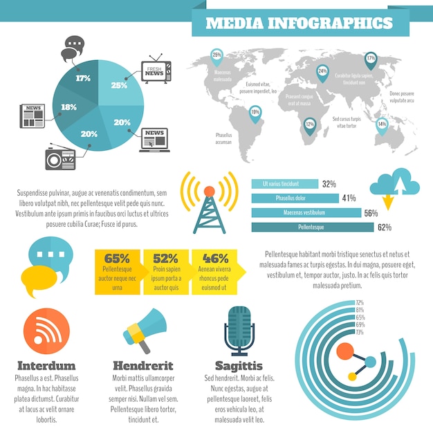 Free vector broadcasting media social news infographics with flat color icons vector illustration