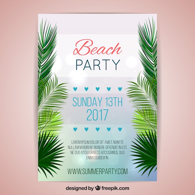 Brochure di festa in spiaggia con foglie di palma