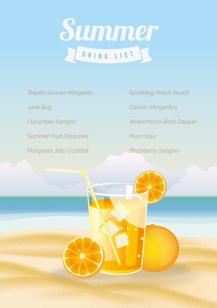 Брошюра апельсинового сока на пляже