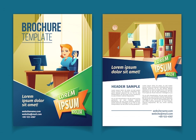 Free vector brochure template with cartoon illustration of office with secretary.