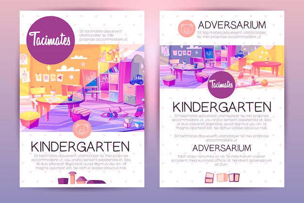 Free vector brochures with cartoon kindergarten for children, teaching in preschool institution.