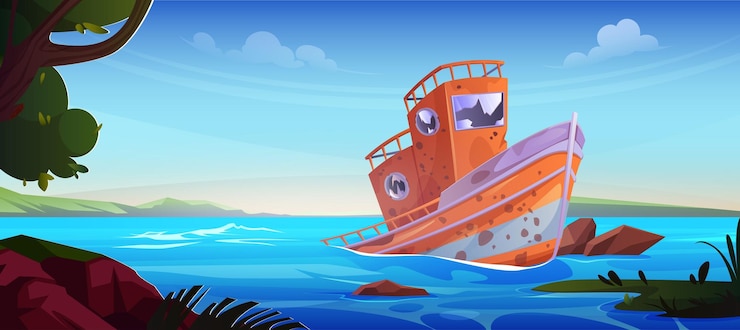 Free Vector broken abandoned fisher boat aground