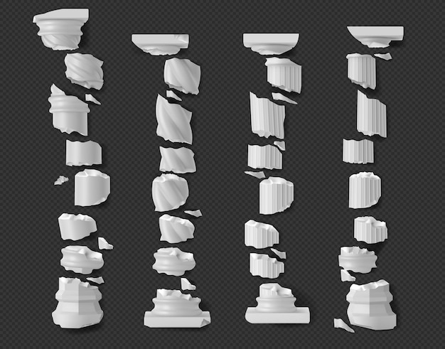 Free vector broken antique pillars white ruined columns pieces