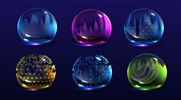 Broken bubble shields, damaged protection force fields. realistic set of cracked safety energy barrier, shiny spheres with fracture. Broken defence concept