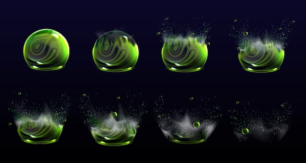 Broken bubble shields explosion animation stages, force spheres or defense dome fields blow up. elements for motion design, science fiction deflector, firewall protection, realistic 3d set