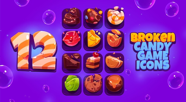 Broken candy game icons cartoon crushed sweets