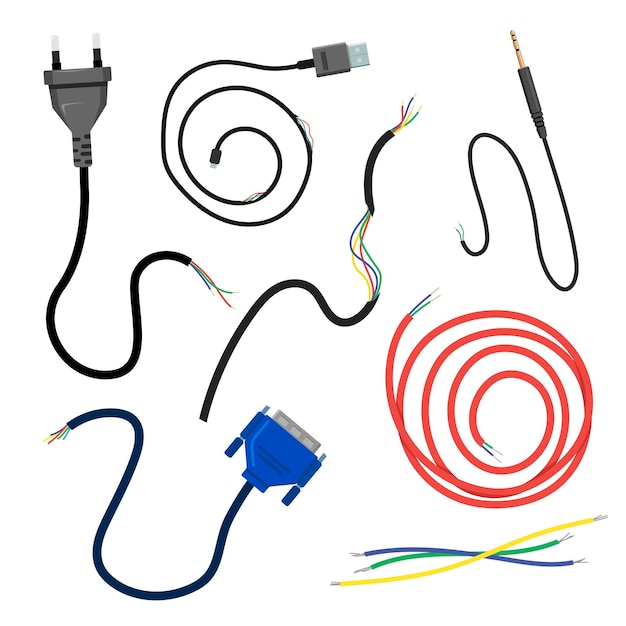 Набор сломанных электрических кабелей. Векторные иллюстрации поврежденных шнуров питания, подключения. Мультяшные порванные провода с вилкой, VGA или USB, цепь изолирована на белом. Разрыв и отключение, аппаратная концепция