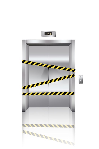 Broken elevator doors in repair lift closed with ribbon in hotel or office building realistic stainless steel hallway interior element on white background