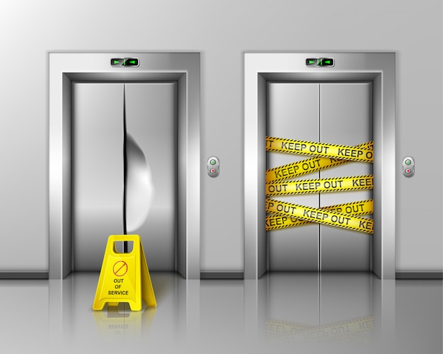 Free vector broken elevators closed for repair or maintenance.