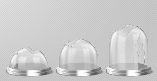 Broken glass domes on silver podium. realistic template of empty clear acrylic bell jars with cracks and holes. damaged snow balls on metal stand isolated on transparent background