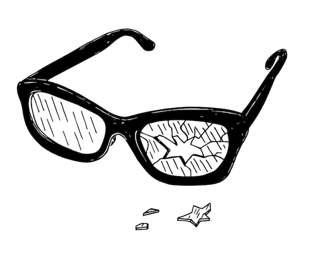 깨진 안경. 벡터 스케치 그림입니다. 오래 된 휴식 안경입니다. 깨진 안경, 그래픽 아이콘 안경