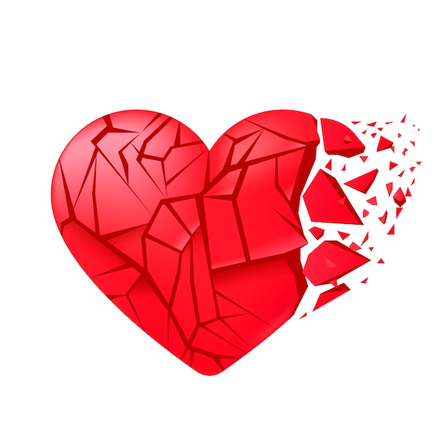 Broken heart sealed isolated. Red glass shards. 