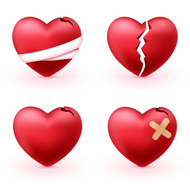 Broken hearts set of 3d realistic icons