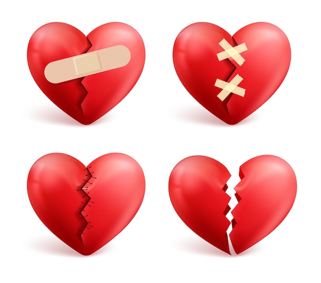 Broken hearts vector set of 3d realistic icons and symbols in red color
