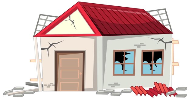 白い背景で隔離の地震によって損傷した壊れた家