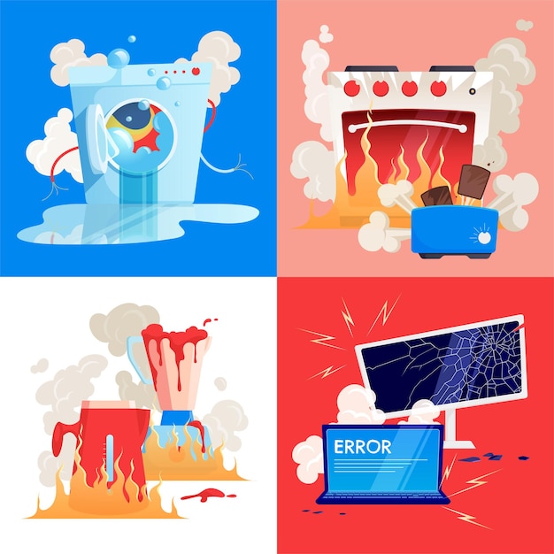 Бесплатное векторное изображение Плоская иллюстрация сломанной бытовой техники гаджеты со сломанной стиральной машиной тостер пк пожарный чайник и духовка