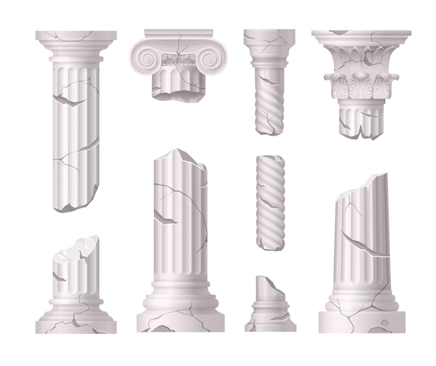 Сломанные мраморные колонны и колонны с классическим декором в стиле барокко реалистичный набор изолированных векторных иллюстраций