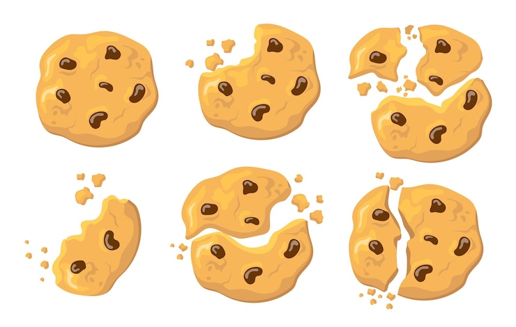 無料Vector 壊れたオートミールクッキーセット。白で分離されたチョコレートクランチと伝統的なアメリカのビスケット。自家製の焼き菓子、レシピ、スナックのコンセプトのイラスト