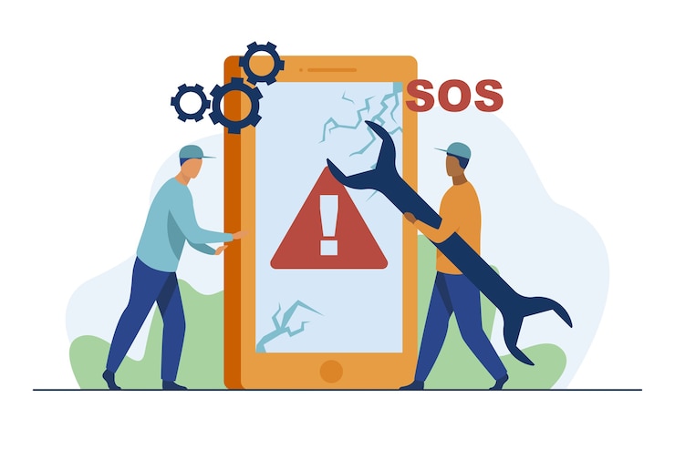 Free Vector broken smartphone repair. technician with wrench fixing phone with cracked screen flat vector illustration. damaged gadget, service center