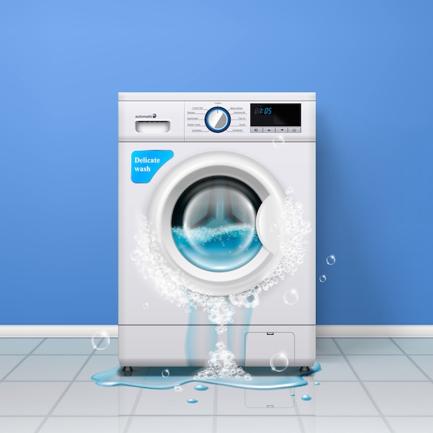 Бесплатное векторное изображение Сломанная стиральная машина, реалистичная внутренняя композиция со стиральной машиной и водой, льющейся из двери