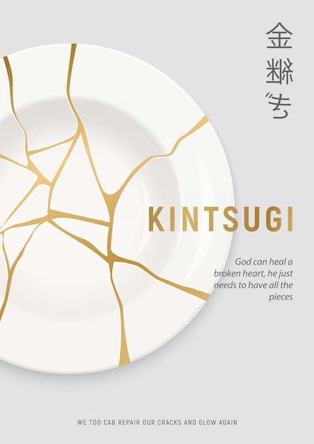 Broken white plate with gold kintsugi cracks