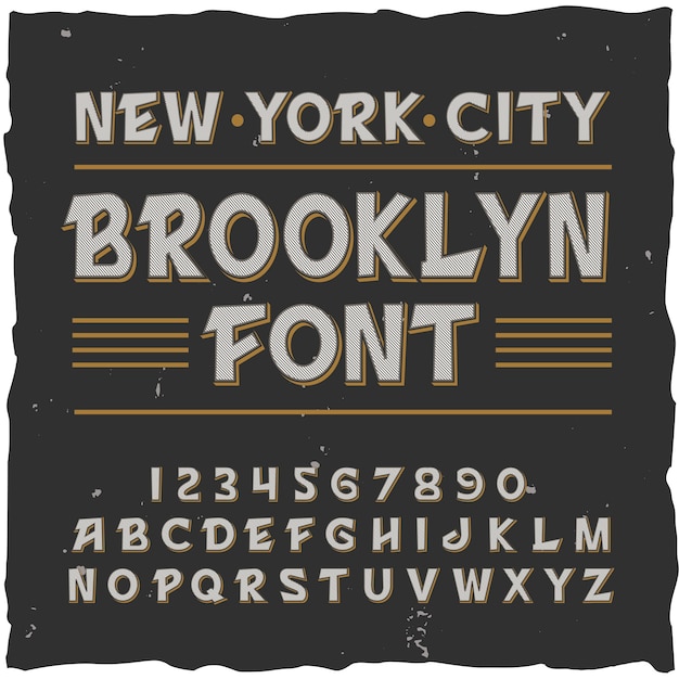 Vettore gratuito alfabeto di brooklyn con cornice quadrata e carattere tipografico vintage con linee, cifre e lettere