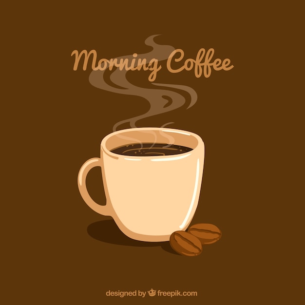 Бесплатное векторное изображение Коричневый фон с кружкой кофе и кофе в зернах