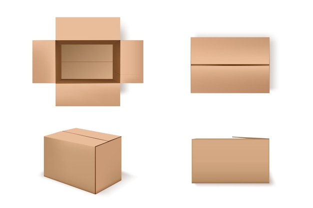 Vettore gratuito scatole di cartone marrone impostate pacchetto di cartone mockup design aperto pacchi di consegna chiusi su sfondo bianco
