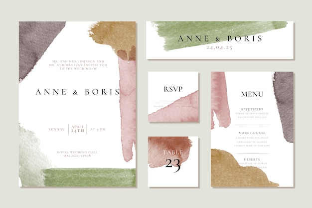 brown and green watercolor wedding stationery items