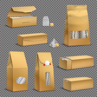 Bustine di tè di carta kraft marrone e foglie sfuse confezioni scatole pacchetti realistici sfondo trasparente impostato