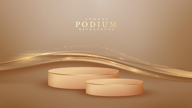 Brown podium with sparkling golden curve line, 3d style realistic luxury.