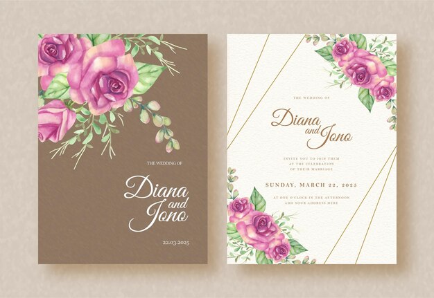 紫のバラの絵の飾りと結婚式の招待状の茶色のテーマ