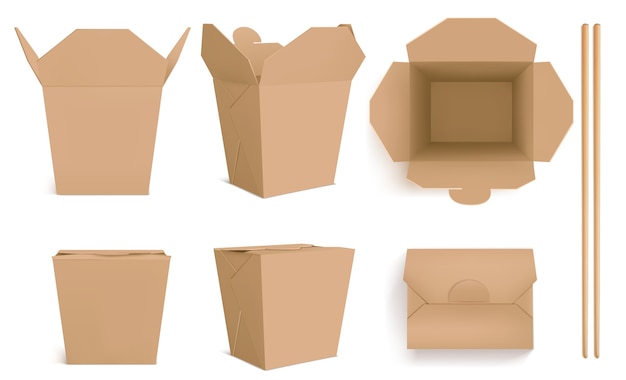 Brown Wok box and chopsticks, craft paper packaging for chinese food, noodle or rice. realistic of closed and open takeaway boxes in front and top view and bamboo sticks