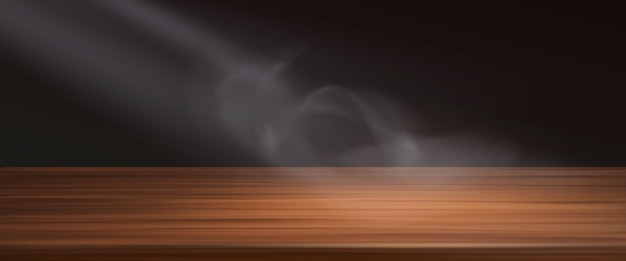 Free vector brown wood 3d table top with steam or smoke