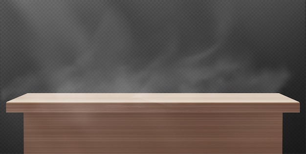 Free vector brown wood 3d table top with steam or smoke