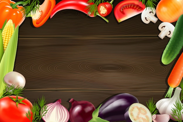 Brown wooden background with frame composed from colorful whole and sliced vegetables 