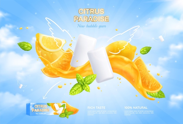 Free vector bubble gum realistic poster with citrus paradise illustration