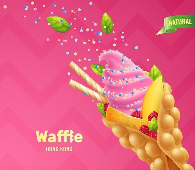 Free vector bubble hong kong waffles realistic composition with fruits berries and colourful grain sugar with editable text