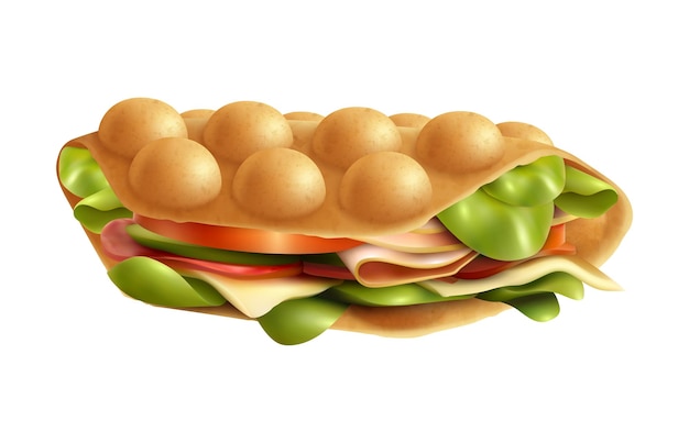 Bubble hong kong waffles realistic composition with isolated image of waffle sandwich with ham and lettuce vector illustration