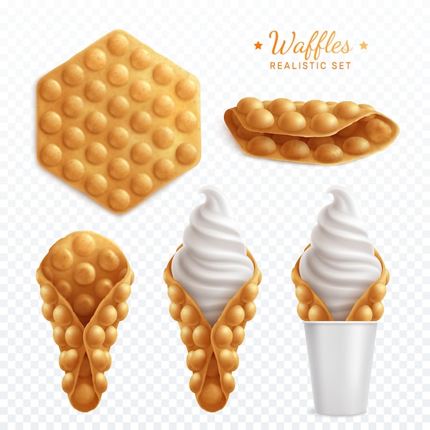 Free vector bubble hong kong waffles realistic set of isolated images on transparent background with cream and text vector illustration